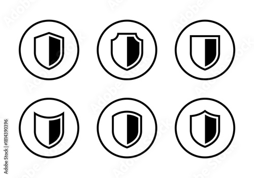 Security shield icon set collection in circular outline. Protection, privacy, and defense symbol