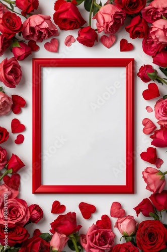 Beautiful Red Roses and Hearts Surround a Blank Frame for Special Occasions