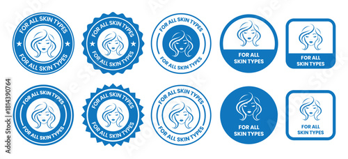 For all skin types label icon set. Face beauty women skin care packaging label for cream, toner, moisturizer, facial mask, lotion, logo, badge, symbol, black, line vector, isolated on white background