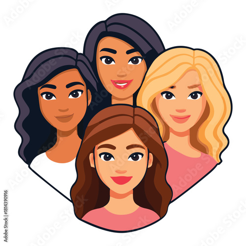 Women’s Unity Clipart – Diverse Cartoon Group Forming Heart Shape with Smiling Faces & Colorful Tops