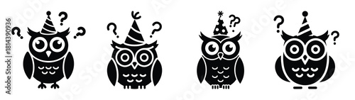 party hat confused owl silhouette funny vector illustration
