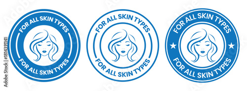 For all skin types label icon set. Face beauty women skin care packaging label for cream, toner, moisturizer, facial mask, lotion, logo, badge, symbol, black, line vector, isolated on white background