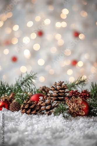 Christmas Decorations With Pine Cones, Red Ornaments, and Festive Greenery on...