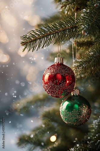 Holiday Decorations With Colorful Ornaments on a Snowy Christmas Tree in Wint...