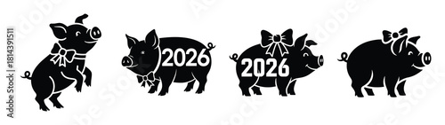 silly pig wearing bow silhouette funny vector illustration