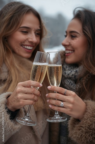 Friends Celebrate With Champagne in Winter Wonderland During Cozy Outdoor Gat...