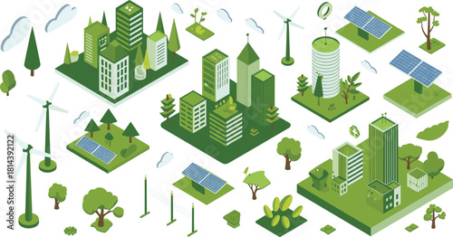 Isometric eco-friendly green city illustration with renewable energy, solar panels, wind turbines, sustainable buildings, environmental urban landscape design collection
