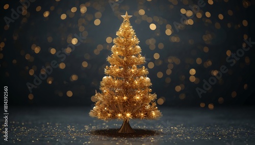 Golden Christmas Tree With Shining Lights and Ornaments in Festive Setting