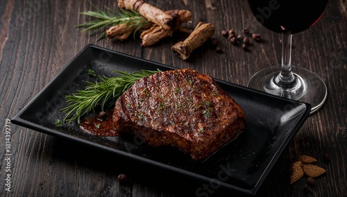 Juicy Grilled Steak Served With Fresh Herbs and Red Wine on a Rustic Wooden T...