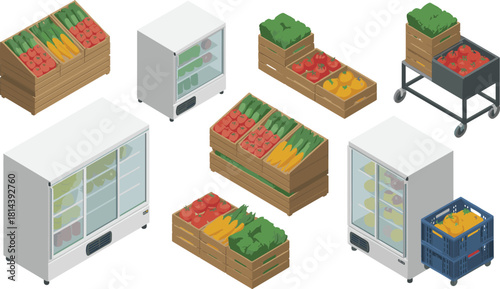 Isometric grocery store produce section with vegetables fruits refrigerated display crates market storage shelves fresh food supermarket illustration set