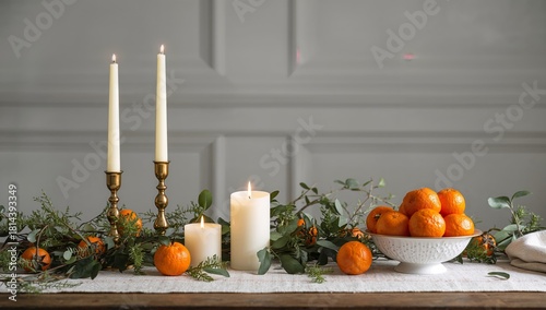 Holiday Table Setting With Oranges and Candles in a Cozy Kitchen