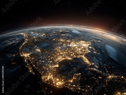 Stunning view of North America from space at night, city lights glowing, a vibrant reminder of connectivity and global reach, perfect for technology themes
