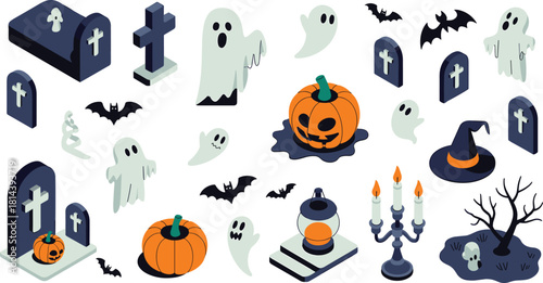 Isometric Halloween scene with haunted house graveyard pumpkins spooky trees bats ghosts cemetery night horror theme illustration for holiday design artwork