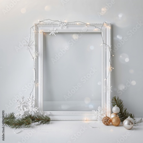 Winter Decoration With White Frame and Festive Ornaments for Holiday Celebrat...