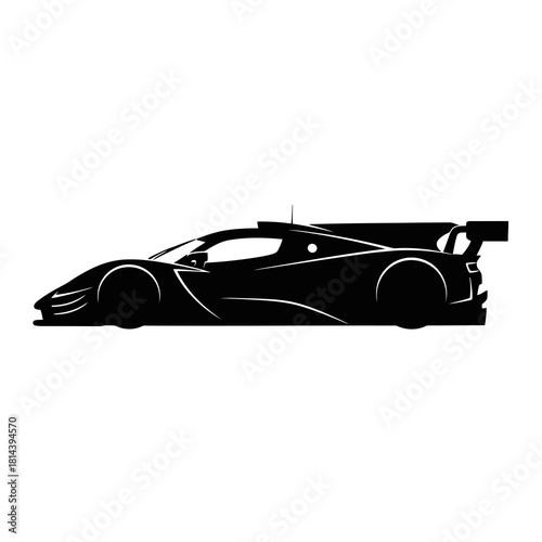 Sleek black silhouette of a modern racing sports car isolated on white background