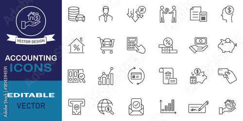 Accounting line icon set. Containing financial statement, taxes, ledger, inspection, auditor, bank, coin, balance and more. Set of 24 icons related to accounting. Vector illustration.