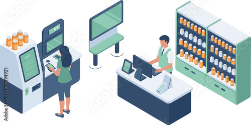 Isometric modern pharmacy interior with self-service kiosks pharmacist counter medicine shelves digital prescription pickup healthcare retail drugstore illustration