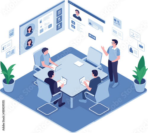 Isometric office meeting illustration with team collaboration, business presentation, digital dashboard screens, employees working together, modern workplace communication concept design