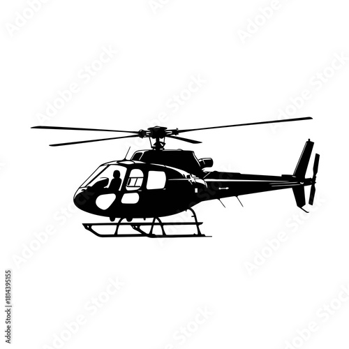 Black silhouette of a modern helicopter in flight isolated on white background