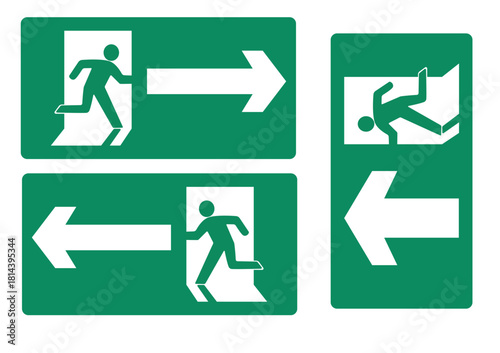 Evacuation direction signs and emergency exit signs. Can be used as evacuation stickers or plate designs in buildings or other public facilities. Safety Vector.