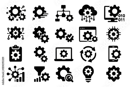 Gear Icons in Digital Contexts with Data Processing Algorithmic Flow Cloud Computing and System Optimization in Black Silhouettes on White Background