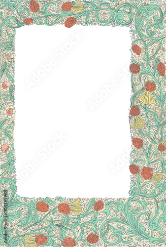 A richly detailed medieval-style illuminated floral border filled with curling vines, acanthus leaves, and red and gold blossoms surrounding a central blank parchment space.
