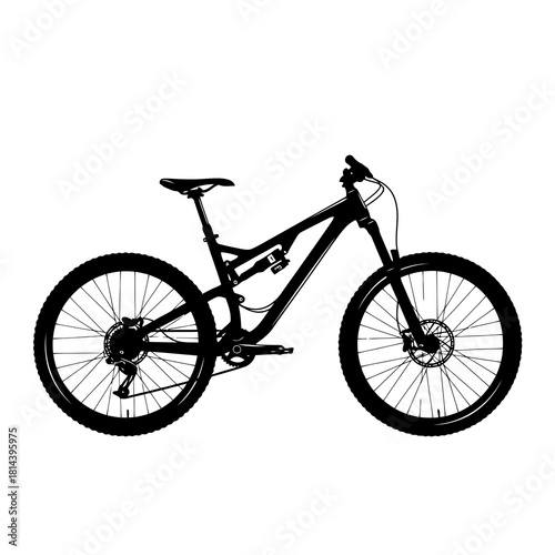 Black silhouette of a full suspension mountain bike isolated on white background