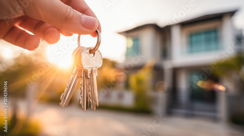Hand holding a bunch of keys in front of a blurred modern house at sunset symbolizing home ownership and real estate