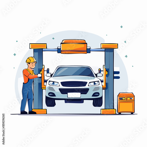 Professional auto mechanic conducting vehicle inspection and maintenance on a car lift in a workshop