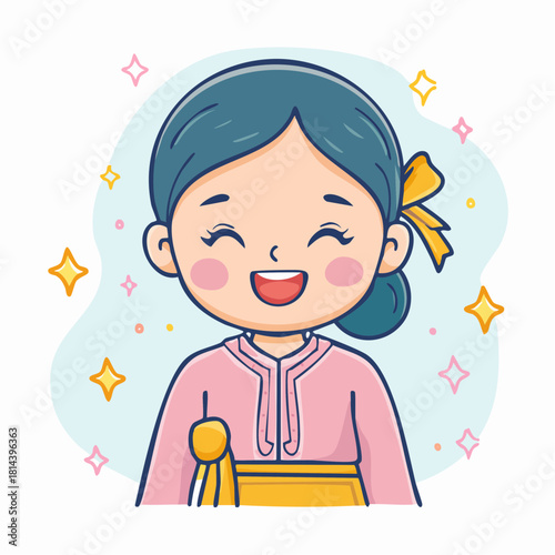 A cute, charming cartoon vector illustration of a smiling young woman wearing a brightly colored, modern kebaya and a neat sanggul