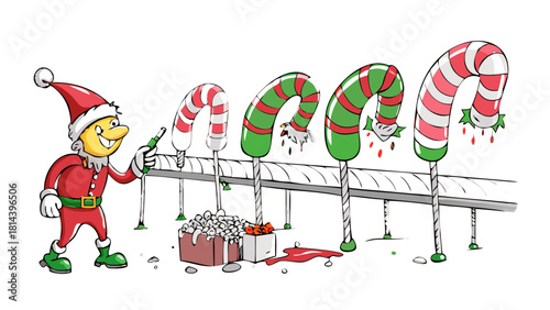 Cartoon elf painting giant candy canes in Santa’s candy factory