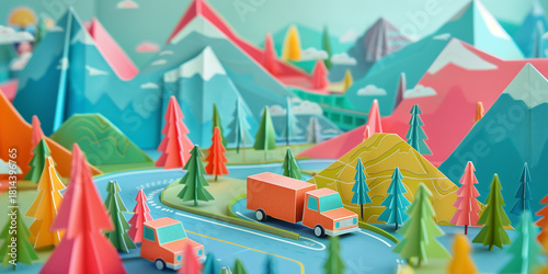 A detailed paper art illustration of a hilly landscape with vehicles on a winding road, showcasing vibrant colors and playful design