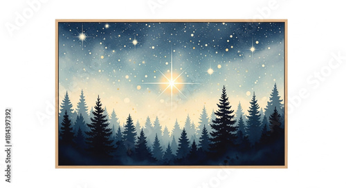 Watercolor Night Sky with Shining Star and Pine Forest Silhouette