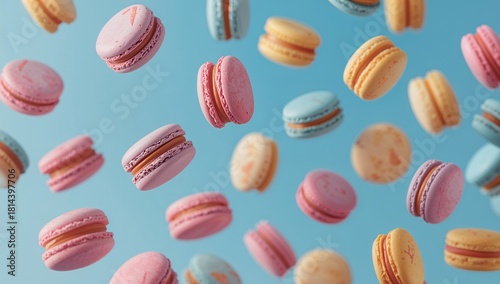 Wallpaper Mural Colorful Macarons Floating Against a Bright Blue Background in a Playful Display of Desserts Torontodigital.ca