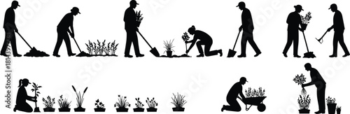 Gardening silhouettes, people planting vector, watering plants illustration, wheelbarrow design, soil preparation, eco lifestyle, agriculture work, garden tools, cultivation process, environment care