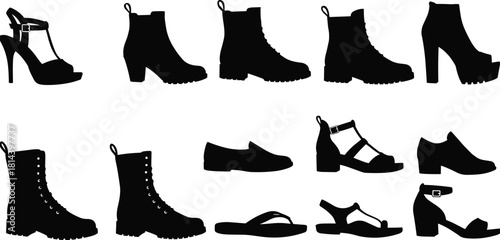 Footwear silhouette collection, fashion shoe icons, boots heels sandals loafers, black design set, stylish footwear illustration, retail fashion elements, flat vector
