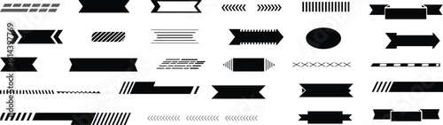 A versatile collection of black and white vector graphic elements, featuring modern banners, sleek arrows, and decorative ribbons