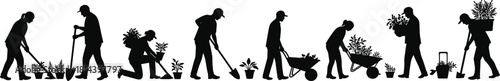 Gardening silhouettes, people planting vector, watering plants illustration, wheelbarrow design, soil preparation, eco lifestyle, agriculture work, garden tools, cultivation process, environment care