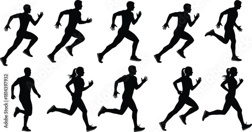 Flat vector silhouettes of male and female runners in motion, jogging, sprinting, athletic training, fitness exercise, sports illustration, running cycle