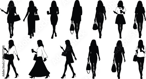 Flat vector silhouettes of fashionable women walking, standing, holding handbags, coffee cups, mobile phones, stylish outfits, modern lifestyle, fashion illustration