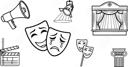 Dramatic arts symbols for performing arts festival, theater, cinema, and stage play designs, originally a scalable vector graphic
