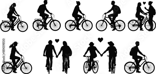 Flat vector, couple silhouettes, riding bicycles, love, romance, companionship, outdoor activity, holding hands, heart symbol, cycling together, relationship, lifestyle, happiness