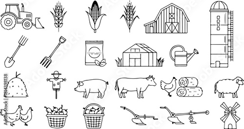 Rural farming icons for agriculture concepts and livestock with tractor, barn, wheat, corn, pig, cow and sheep. Farm life in linear design