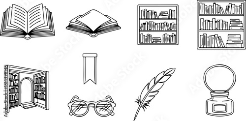 Elegant vintage library sketch featuring books, quill, and inkwell evokes classic literature and timeless learning with a touch of scholarly charm
