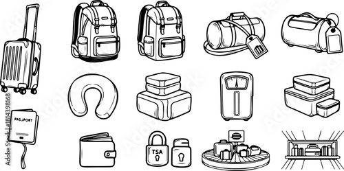 Pack your bags and go! Hand-drawn travel essentials including luggage, backpacks, and travel accessories to complete your journey in black and white style