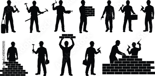 Flat vector, construction worker silhouettes, building tools, hammer, trowel, bricklaying, carrying equipment, hard hat, safety, teamwork, labor, construction site, industry