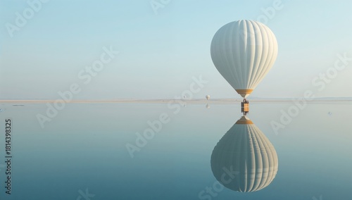Hot Air Balloon Floating Above Calm Water in Serene Morning Light