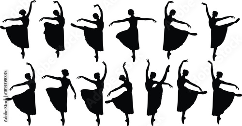 Flat vector, ballerina silhouettes, ballet dance poses, pirouette, arabesque, relevé, tutu, skirt, graceful movement, stage performance, artistic choreography, classical elegance