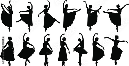 Flat vector, ballet dancer silhouettes, classical dance poses, arabesque, pirouette, relevé, tutu, leotard, graceful movement, stage performance, artistic expression, choreography