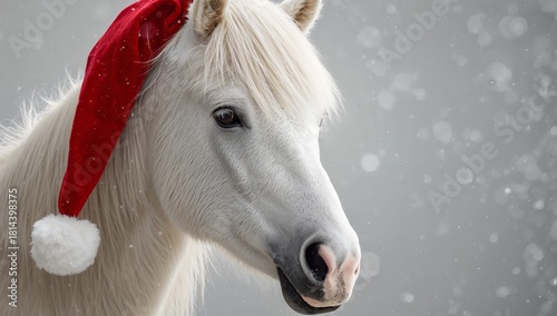 White Horse Wearing Red Christmas Hat in Snowy Winter Scene